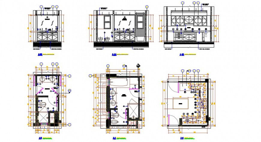 Modern concept top view plan detail, elevation of bathroom dwg file