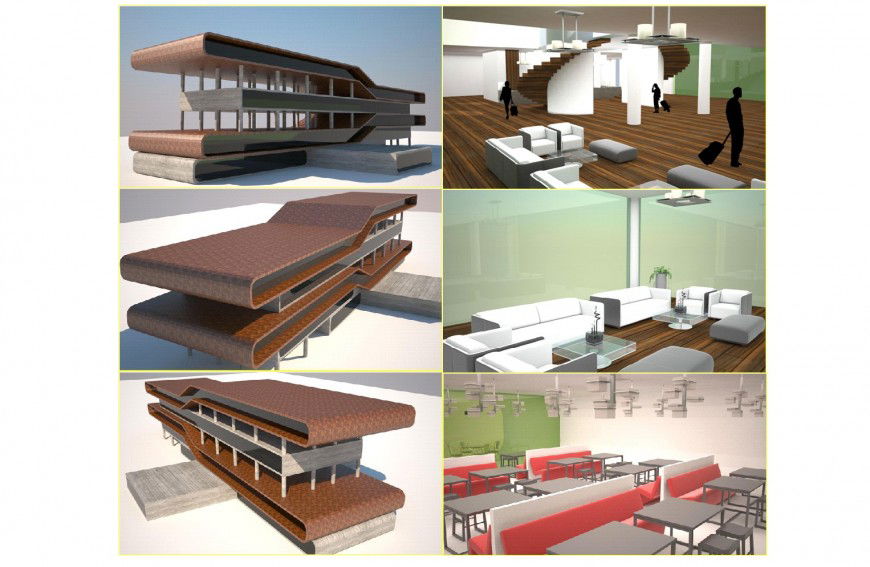 Modern hotel building with furniture and interior cad drawing details dwg file