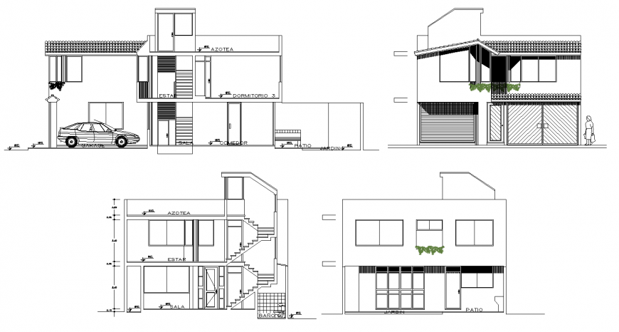Modern house building elevation drawing in dwg AutoCAD file.