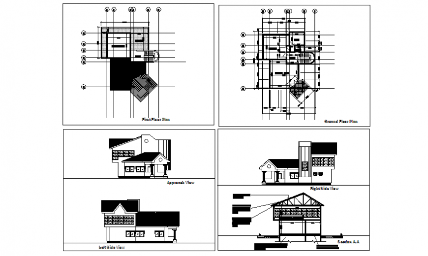 Modern house elevation, section and floor plan details dwg file