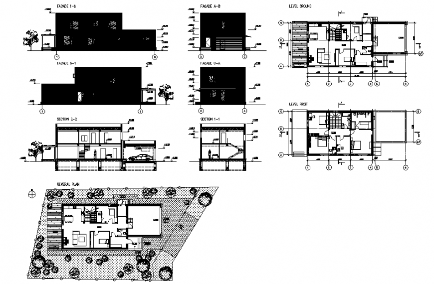 Modern house plan, elevation and section detail dwg file