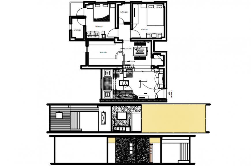Modern house top view plan and sections