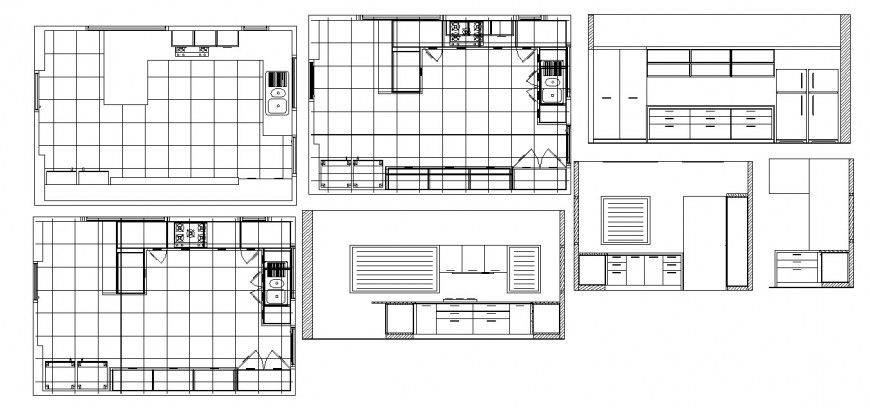 Modern kitchen all sided section, layout plan details with furniture dwg file