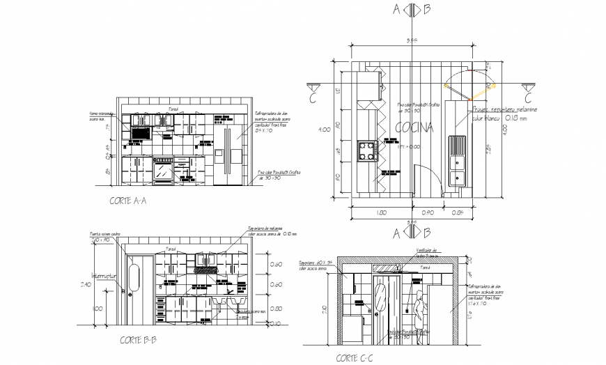 Modern kitchen all sided section and plan cad drawing details dwg file