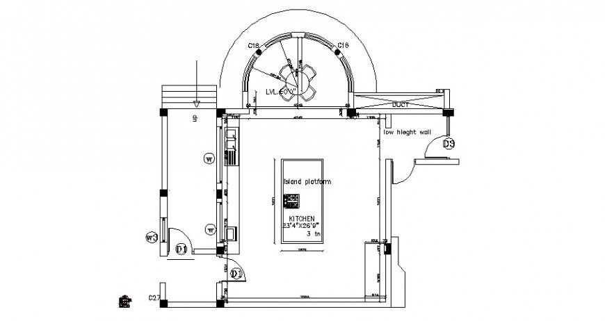 Modern kitchen top view layout plan with furniture cad drawing details dwg file
