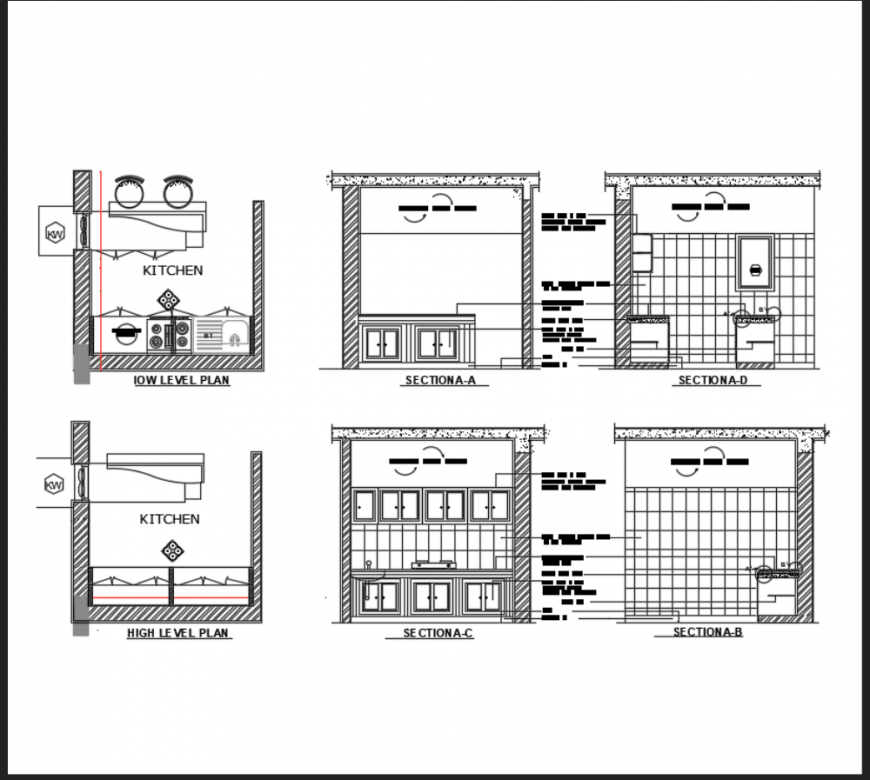 Modern kitchen typical fat layout details with plan and section dwg file