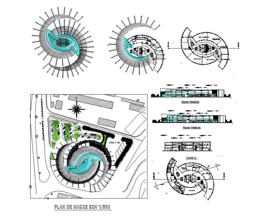 Modern museum building detail elevation, plan and section layout file