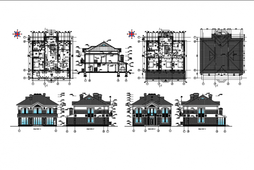 Modern one family house elevation, section and floor plan layout details dwg file