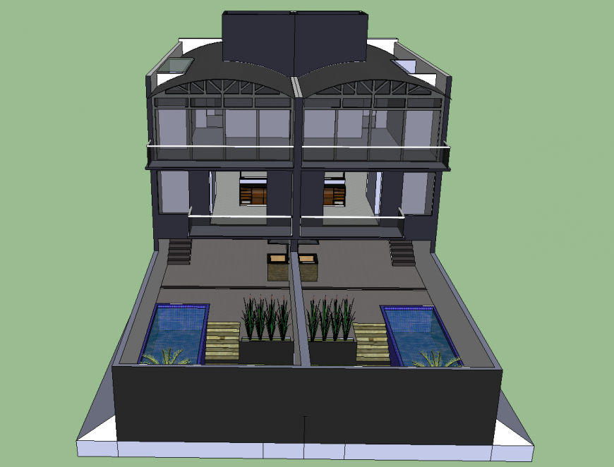 Modern one family triplex house 3d model cad drawing details skp file