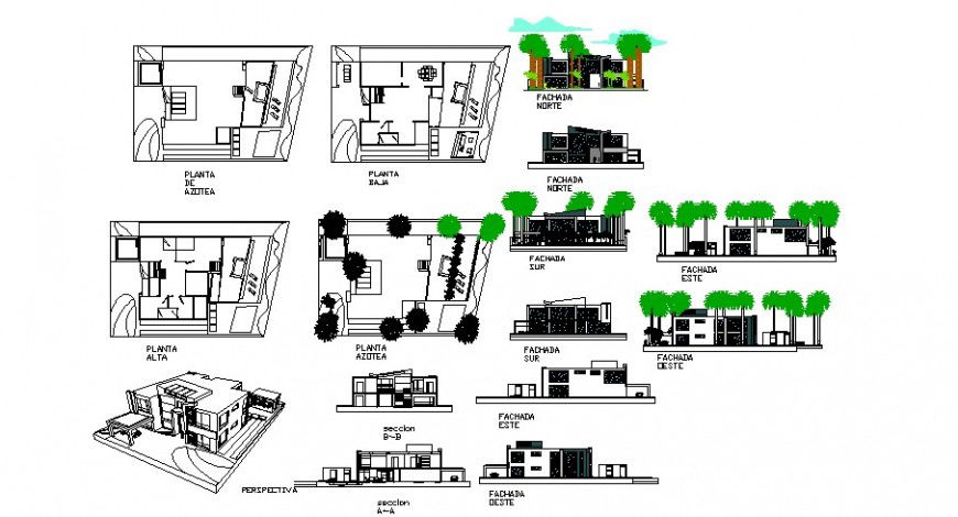 Modern residence floor plan elevation and perspective view in auto cad