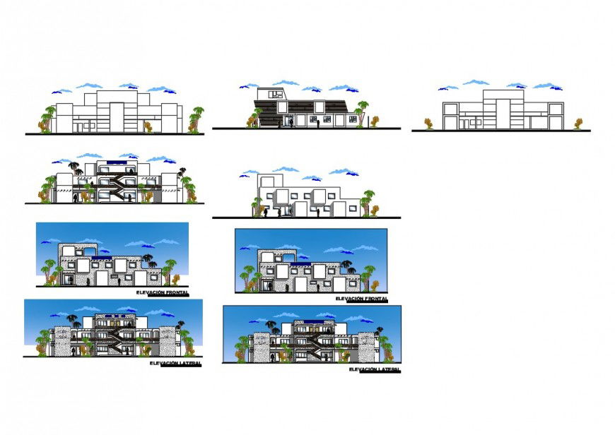 Modern three story bungalow all sided elevation cad drawing details dwg file