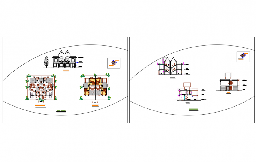 Modern twin bungalow elevation, section and floor plan details dwg file