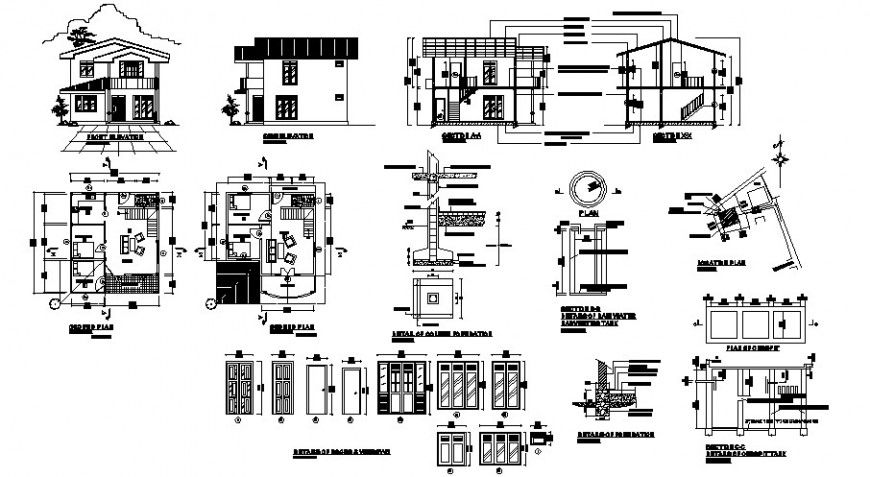 Modern two level house elevation, section, floor plan and structure details dwg file