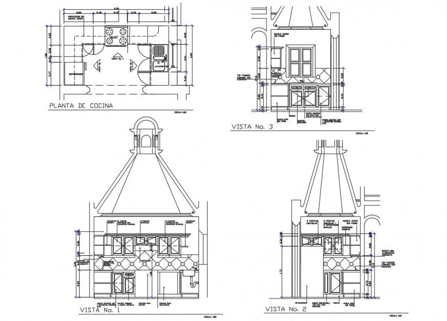 Modern type kitchen elevation, section and plan details dwg filw