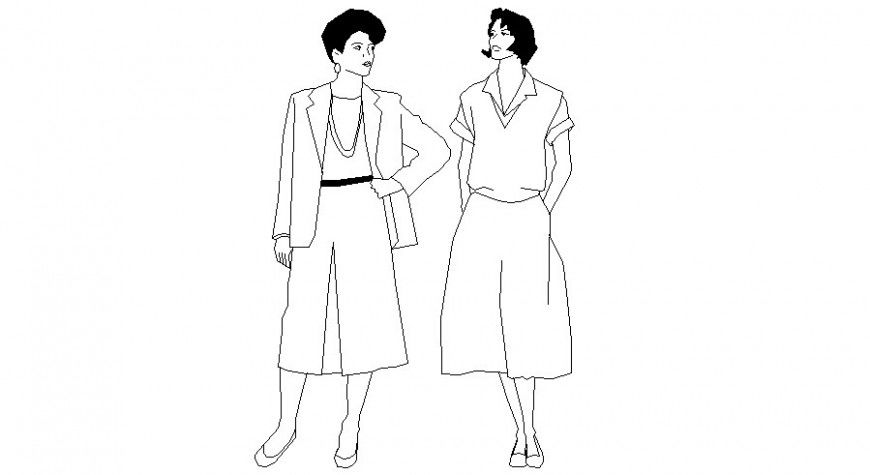 Modern women in standing position block of AutoCAD 