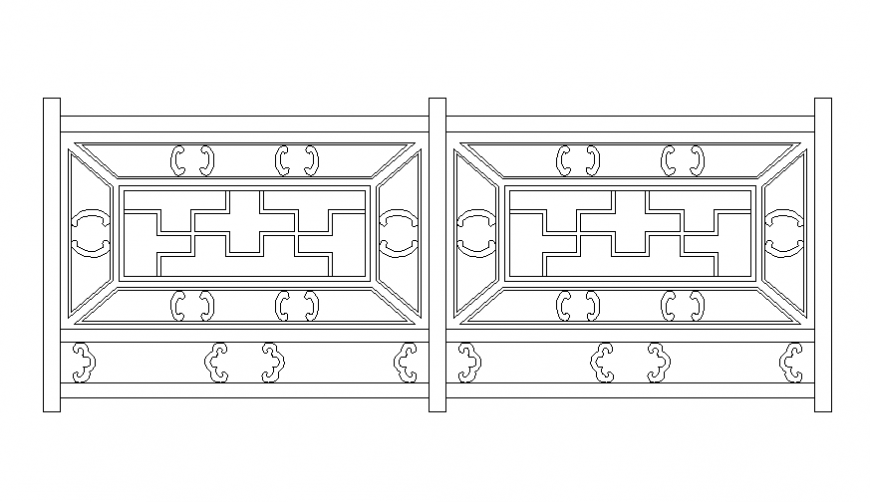 Modern wooden railing front elevation cad block details dwg file