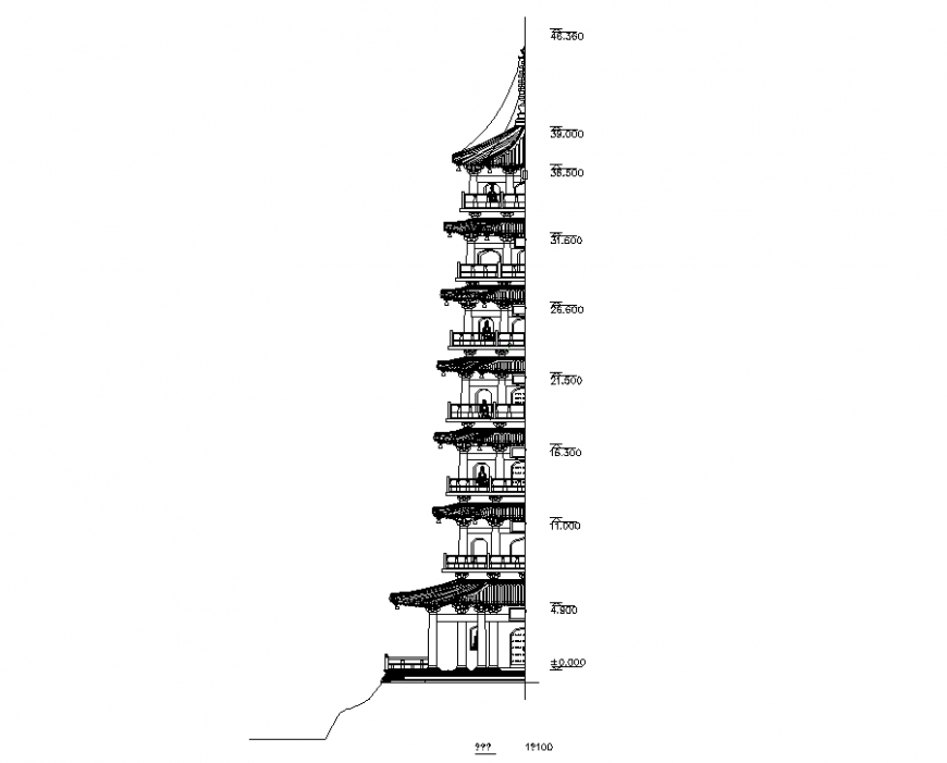 Monumental building section drawing in dwg file.