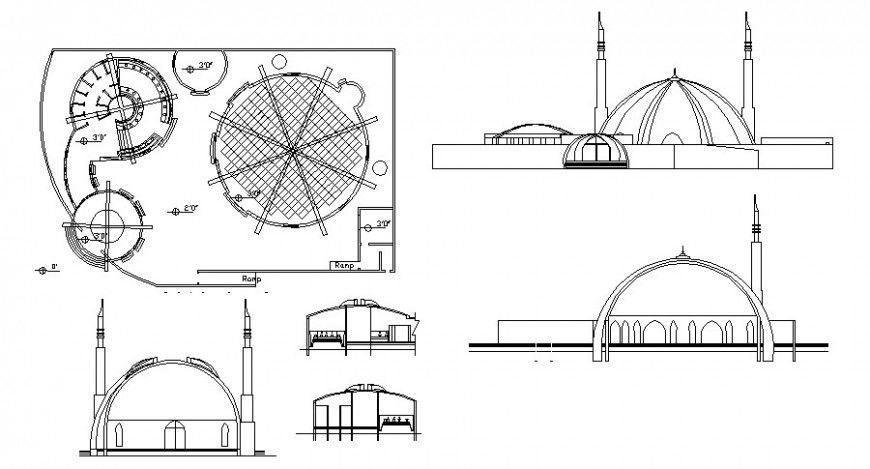 Mosque building detail elevation 2d view autocad file
