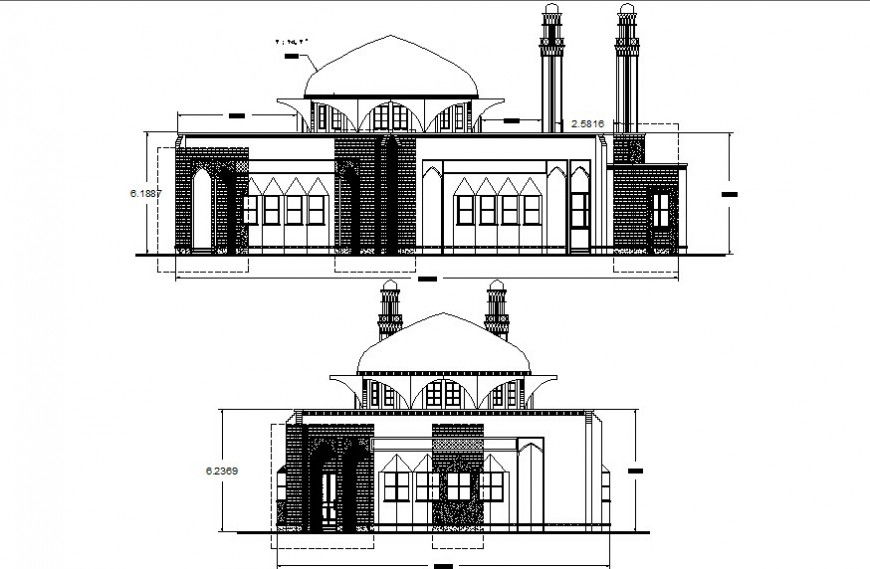 Mosque building drawings 2d view CAD elevation dwg file