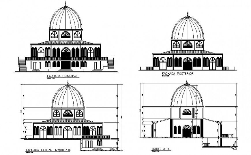 Mosque building elevation and sectional drawings 2d view autocad file