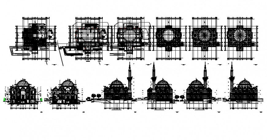 Mosque building plan and elevation blocks detail 2d view dwg file