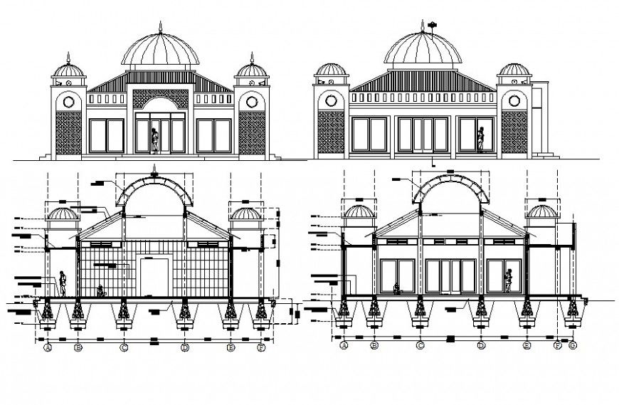Mosque elevation and section plan cad file