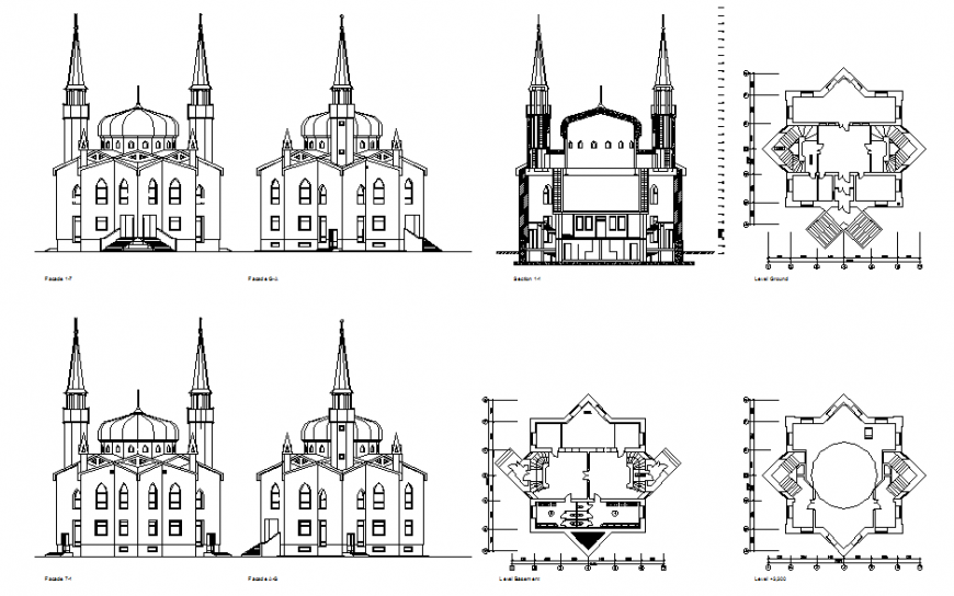 Mosque plan, elevation and section detail autocad file