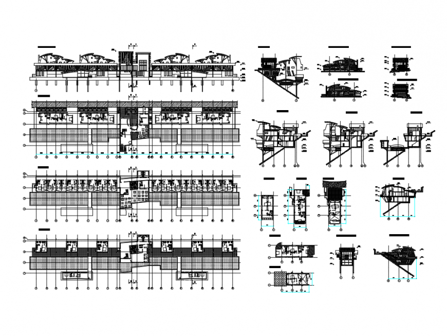 Mountain luxuries hotel all sided elevations, sections and floor plan details dwg file