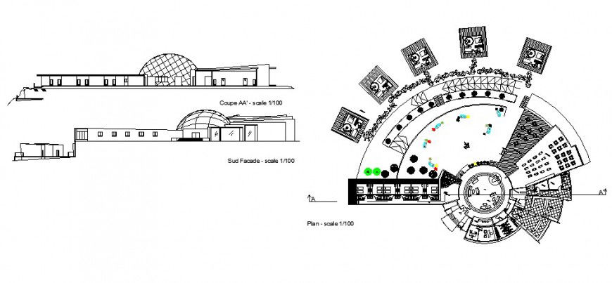Mountain resort elevation, section and plan cad drawing details dwg file