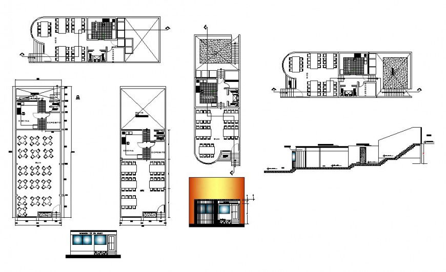 Multi-cousin restaurant building elevation, section and floor plan cad drawing details dwg file