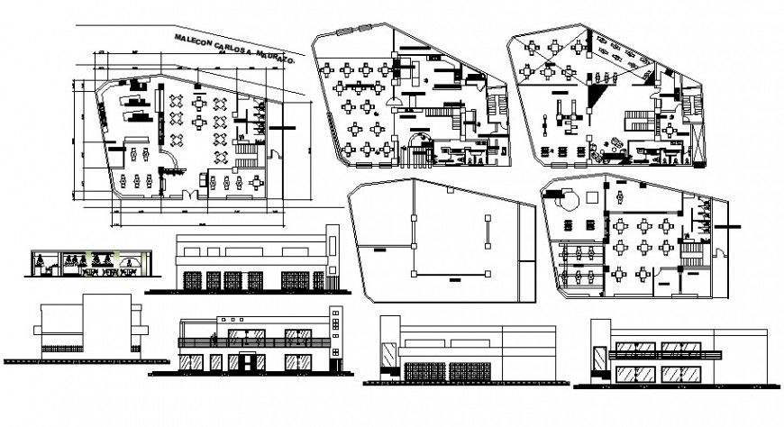 multi-cuisine restaurant all sided elevations and floor plan distribution drawing details dwg file