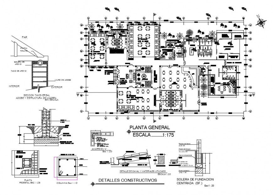 Multi-cuisine restaurant general plan and constructive details dwg file