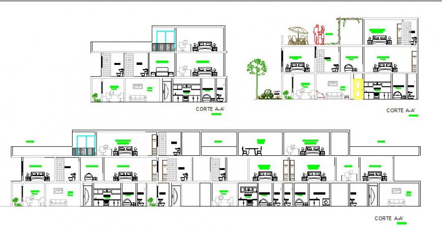 Multi-familiar apartment building all sided section cad drawing details dwg file