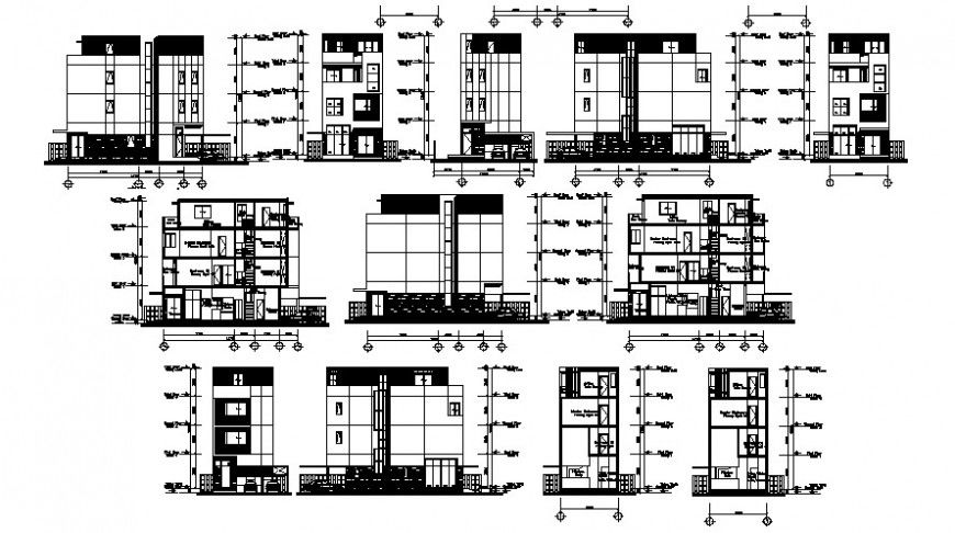 Multi-familiar apartment building elevation and section drawing details dwg file