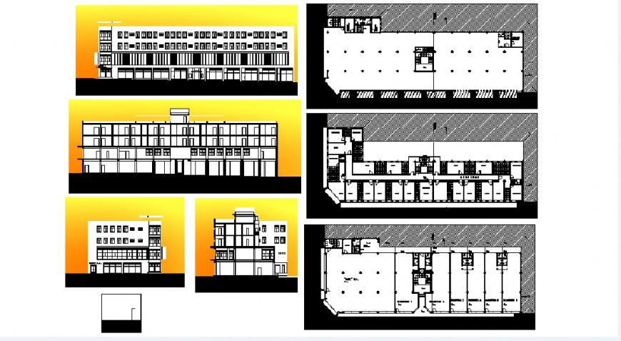 Multi-familiar apartment building elevations, section and floor plan cad drawing details dwg file
