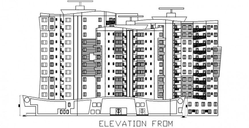 Multi-familiar apartment building with shops main elevation drawing details dwg file