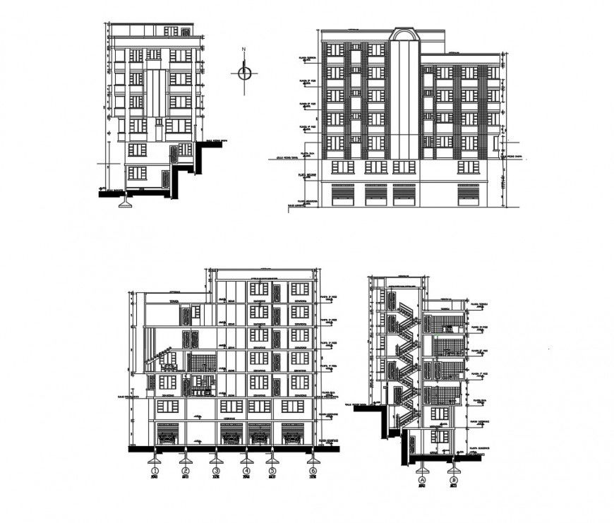Multi-familiar apartment residential building elevation and section cad drawing details dwg file