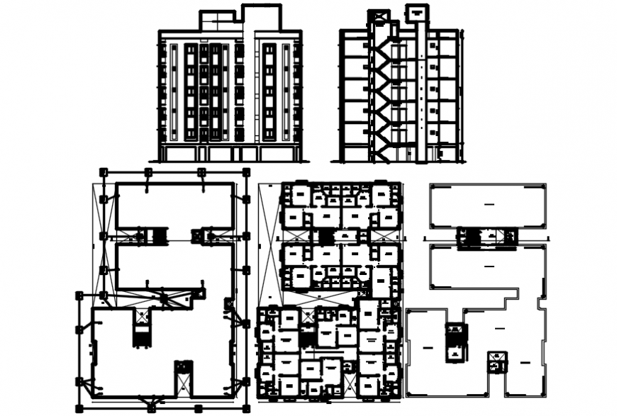 Multi-familiar building elevation, sections and floor plan drawing details dwg file