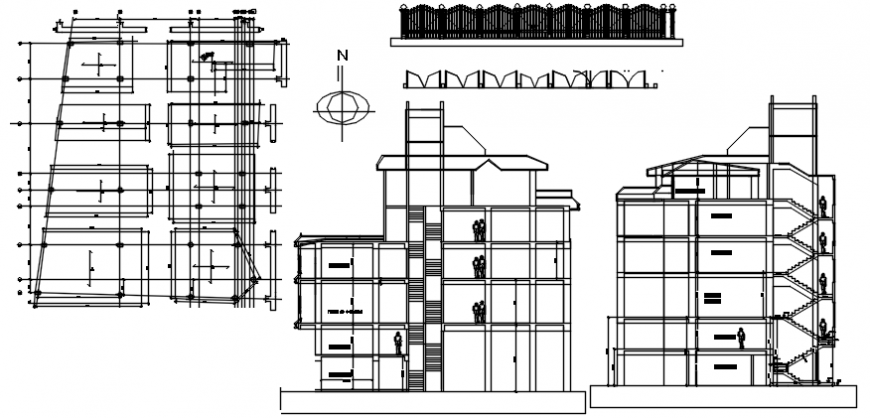 Multi-familiar building front and back section, fence and door and structure details dwg file