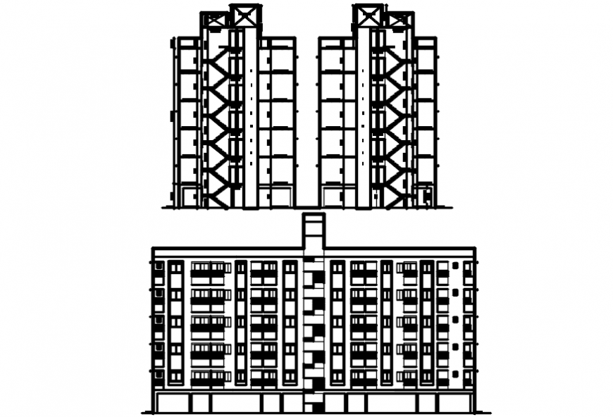 Multi-familiar building main elevation and both sided section drawing details dwg file