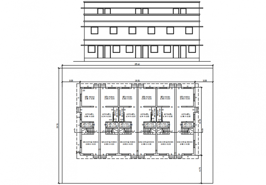 Multi-familiar building main elevation and plan cad drawing details dwg file