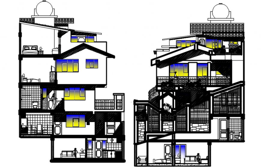 Multi-familiar five story building both sided section cad drawing details dwg file
