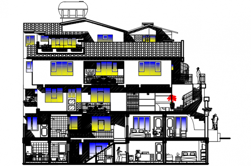 Multi-familiar five story building main section cad drawing details dwg file