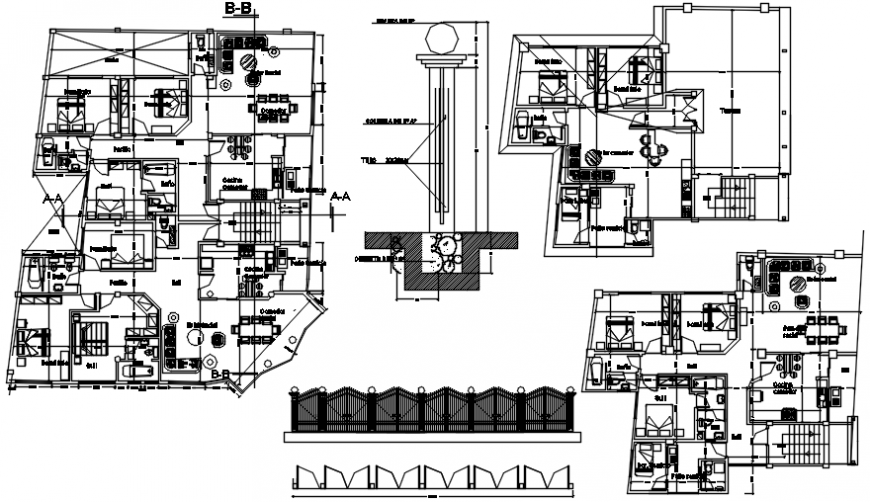 Multi-familiar flats building floor plan and fence structure details dwg file