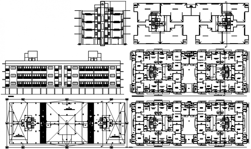 Multi-familiar residential apartment building elevation, section and floor plan drawing details dwg file
