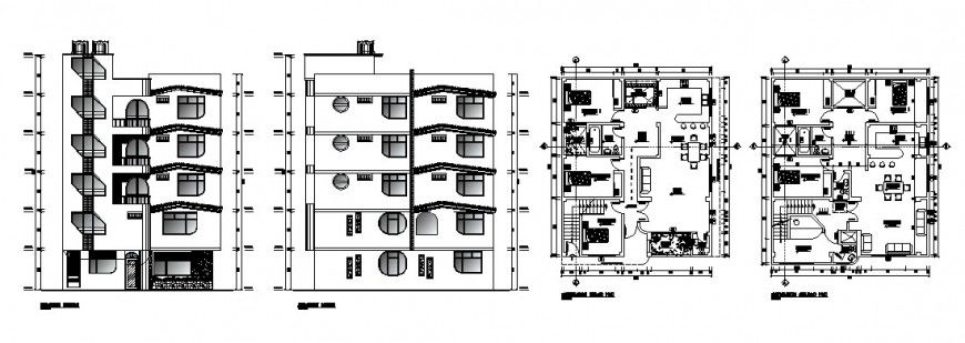 Multi-family and multi-story residential building elevation and floor plan cad drawing details dwg file
