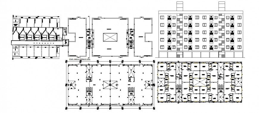 Multi-family apartment building block elevation, plan and structure details dwg file