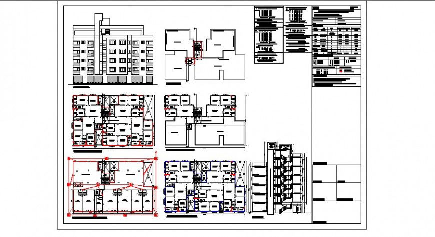 Multi-family apartment building block elevation, section and floor plan cad drawing details dwg file