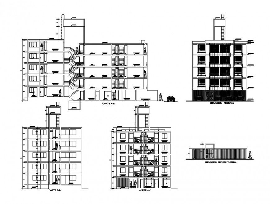 Multi-family apartment building elevation and sectional details dwg file