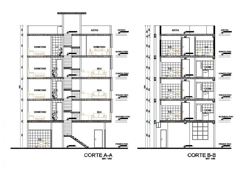 Multi-family apartment building facade and back sectional details